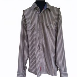 DENIM Striped Khaki Green Cotton Western Shirt (XXL)